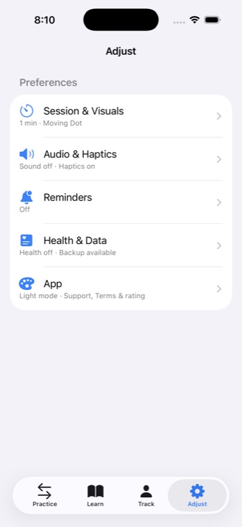 Cadence adjust screen with settings for session visuals, audio and haptics, reminders, and health data