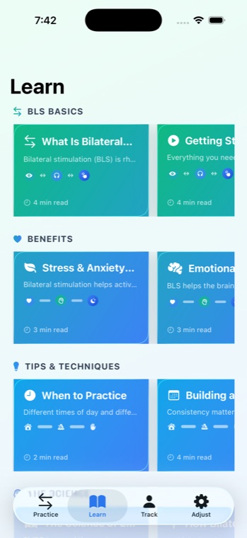 Cadence learn screen with articles grouped by basics, benefits, and techniques