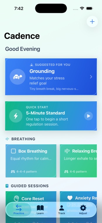 Cadence practice tab with suggested session, breathing exercises, and guided sessions