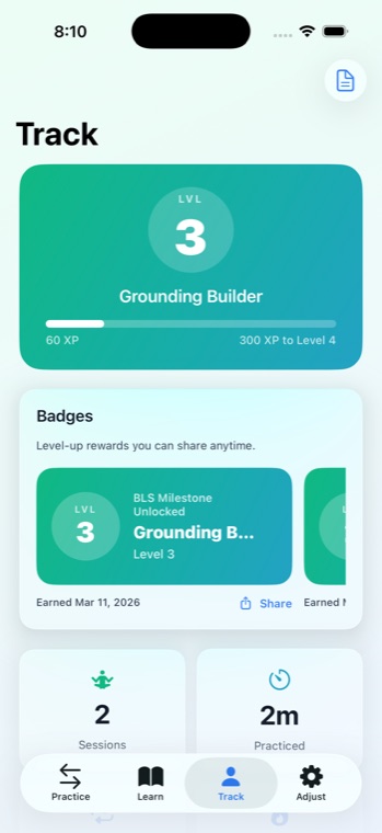 Cadence track screen showing level progress, badges, and session stats